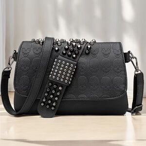 Skeleton Embossed Studded Black Shoulder or Crossbody Bag NWT